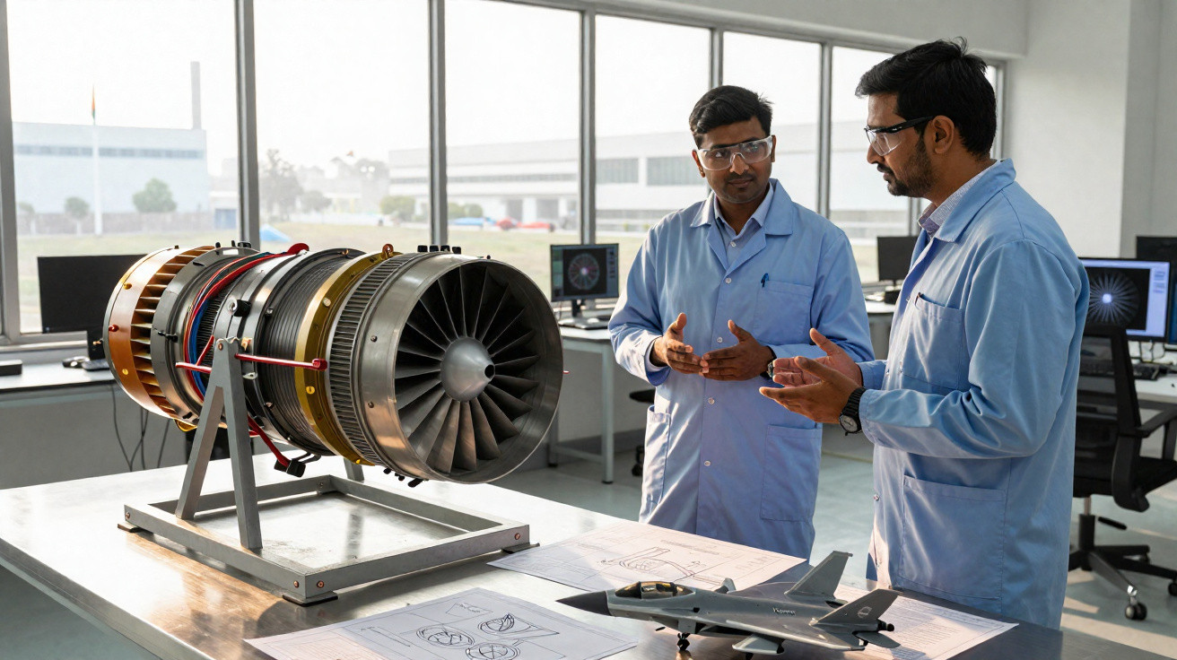 Zwei Ingenieure im Labor besprechen eine Flugzeugtriebwerk-Prototyp und technische Zeichnungen.