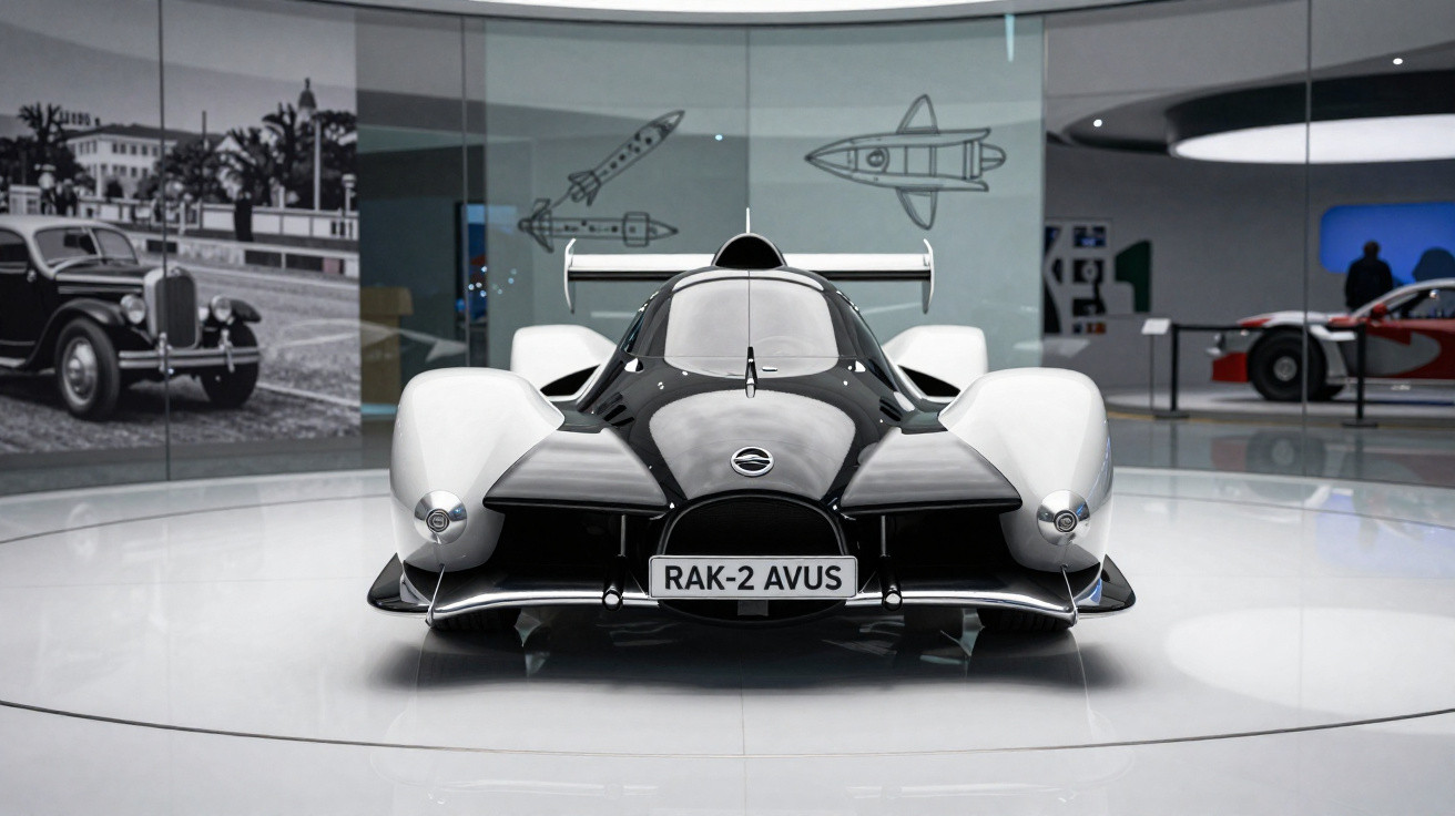 Schwarz-weißer Rennwagen RAK-2 AVUS im Museum mit Wandillustrationen von Raketen und Autos.