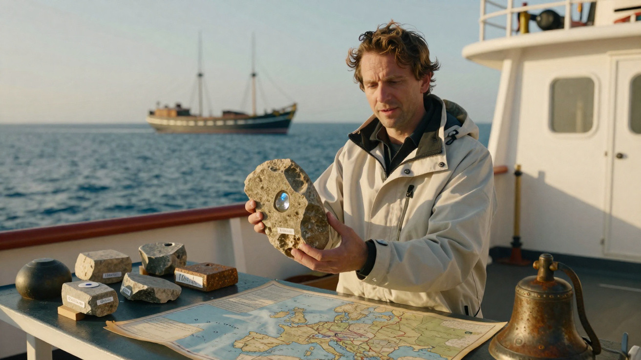 Mann auf Schiff untersucht historischen Stein mit Glaslinse, Karte von Europa und Schiff im Hintergrund.