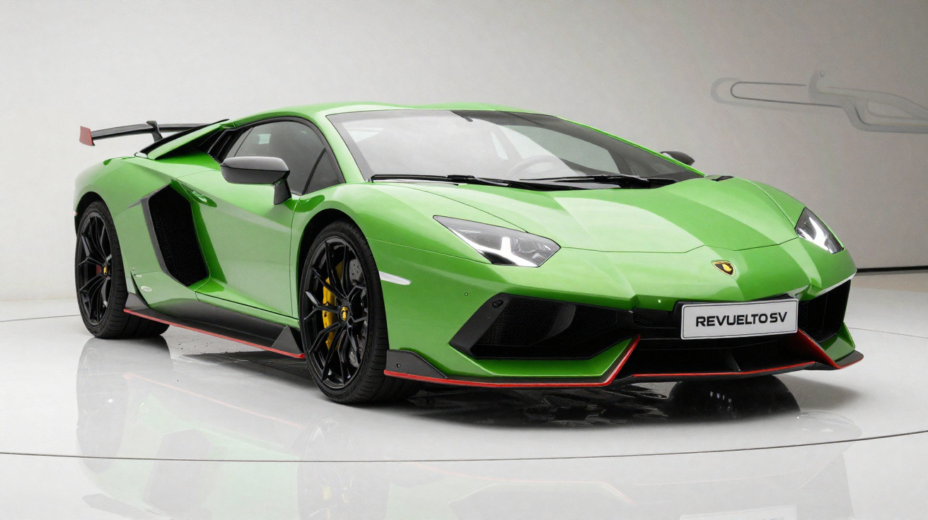 Grüner Lamborghini Supersportwagen mit schwarzen Felgen und rotem Akzent auf weißem Studiohintergrund