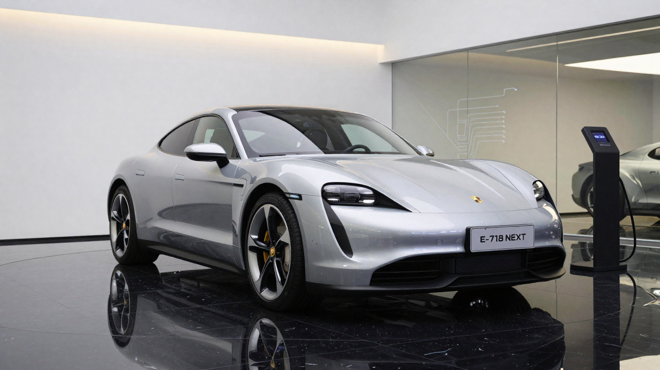 Silberner Porsche Taycan steht in modernem Raum neben Ladestation auf glänzendem schwarzen Boden.
