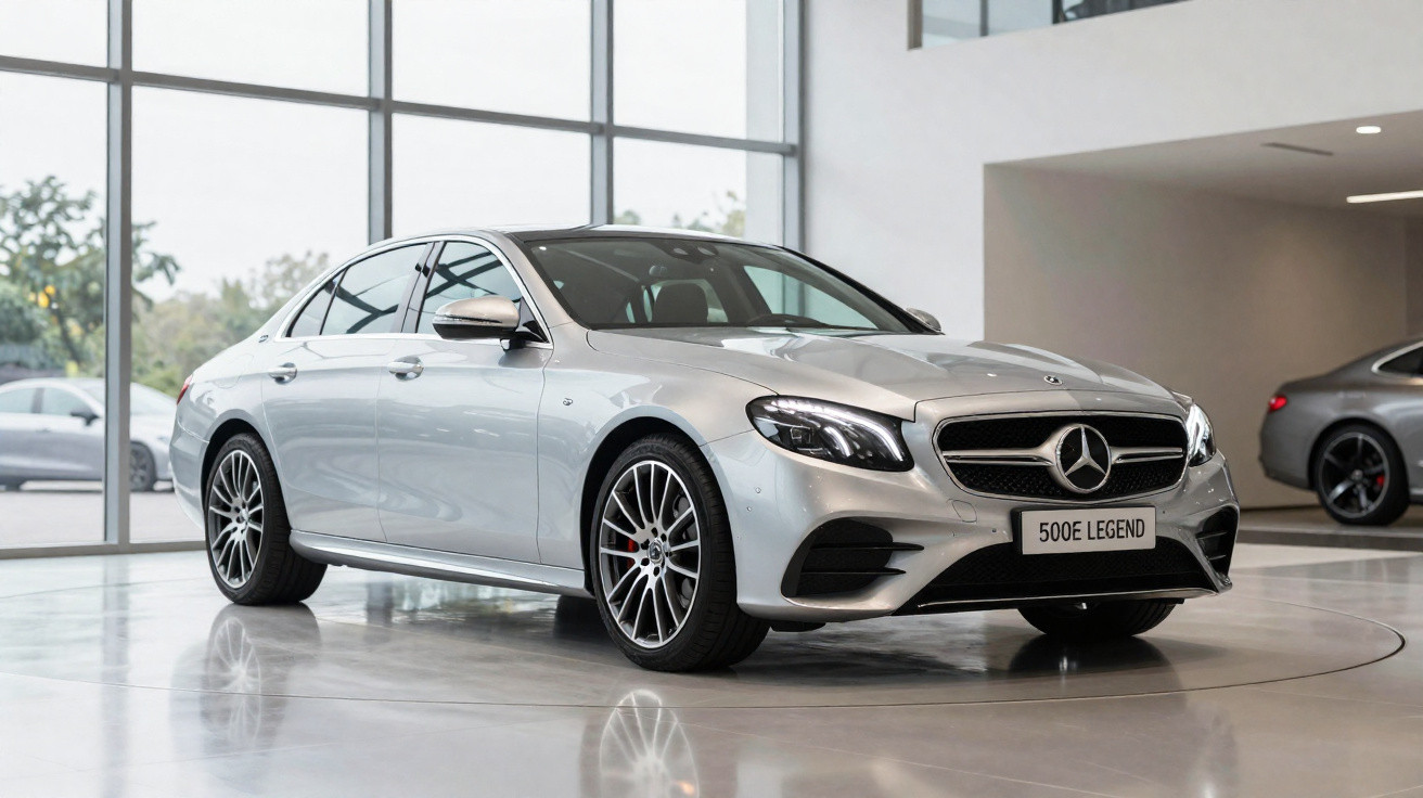 Silberner Mercedes-Benz 500E Legend mit schwarzen Felgen in einem modernen Autohaus bei Tageslicht.