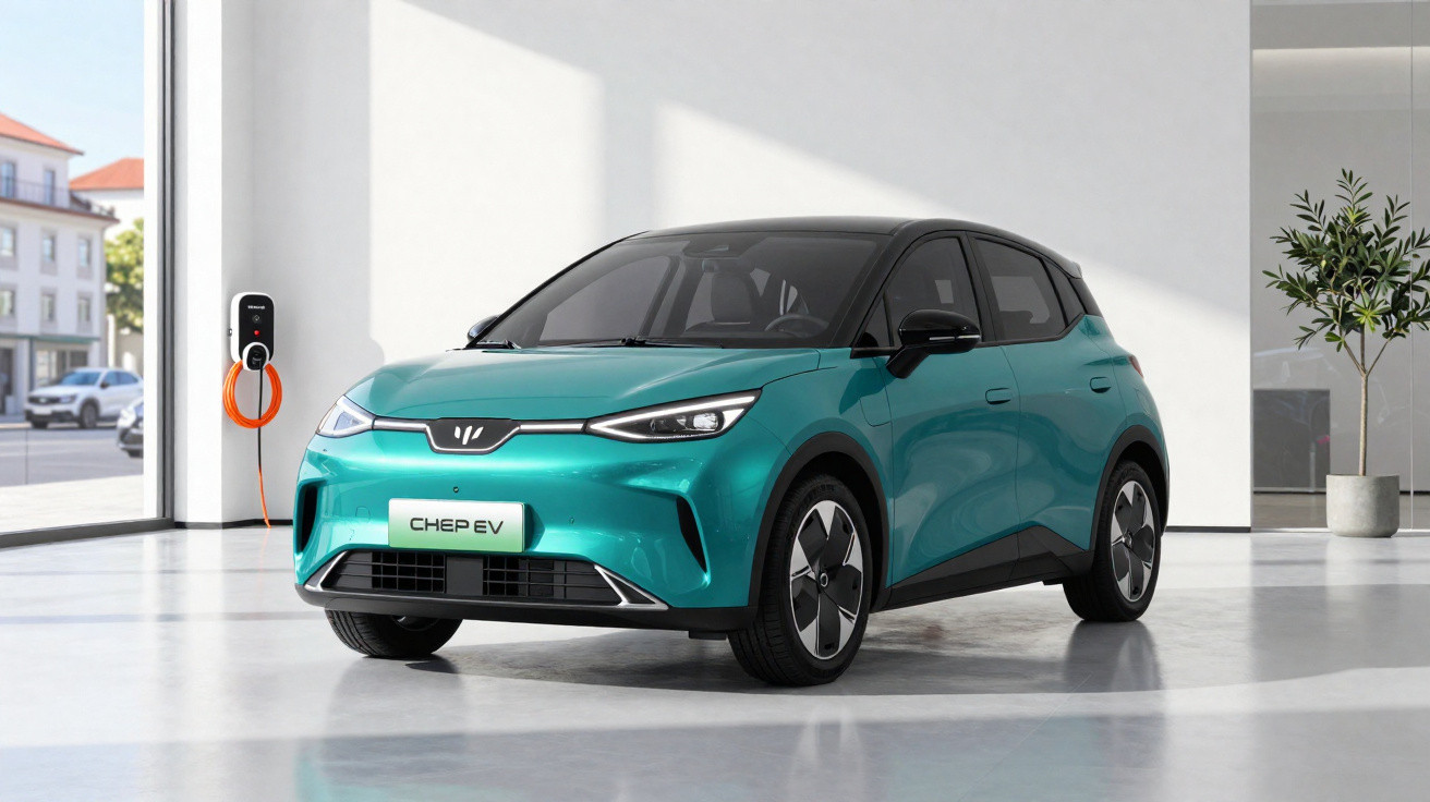 Türkisfarbener Elektro-Kleinwagen CHEP EV in modernem, hellem Raum an Ladestation stehend.