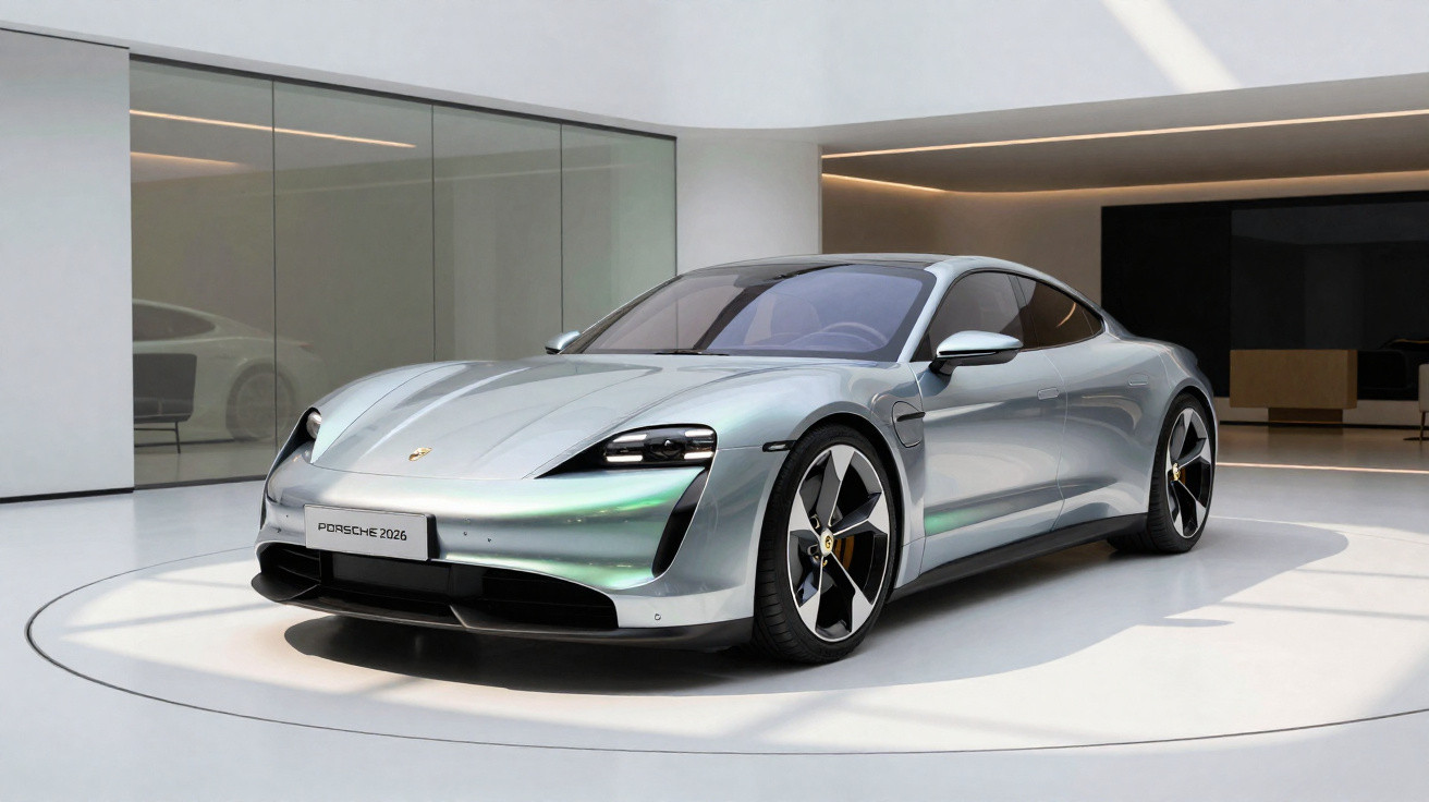 Silberner Porsche Taycan steht in modernem Raum mit Glaswand und weißem Boden, Modelljahr 2026.