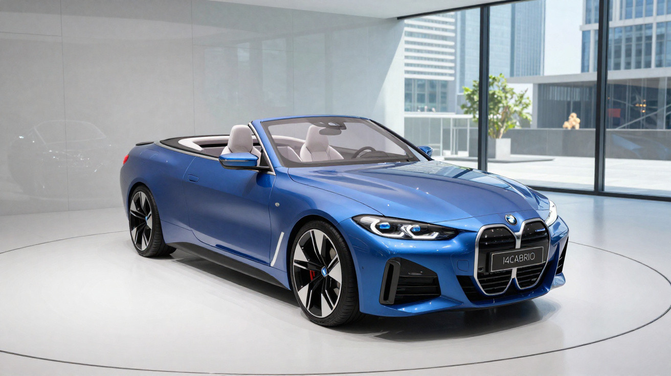 Blauer BMW 4er Cabrio mit geöffnetem Verdeck in modernem, hellen Ausstellungsraum vor großen Fenstern.