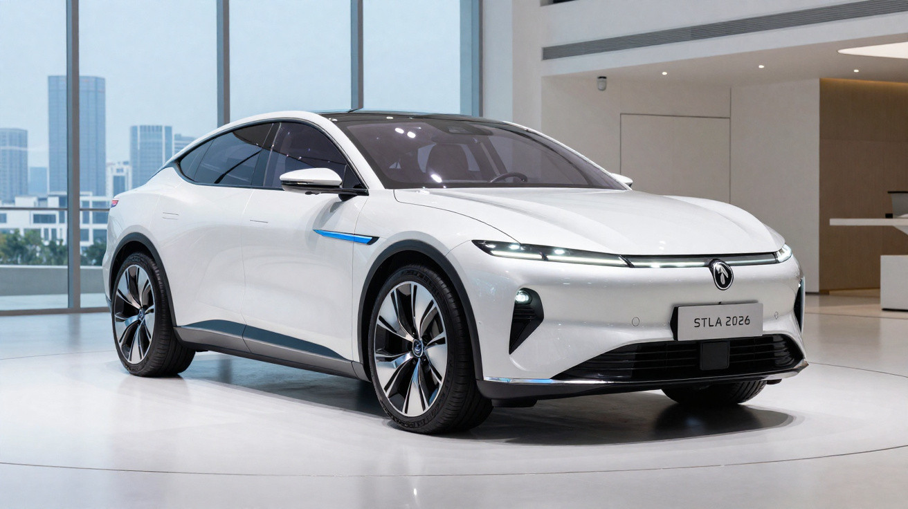 Weißes, modernes Elektroauto Standmodell mit 2026 Nummernschild vor großen Fenstern und Stadtblick im Showroom.
