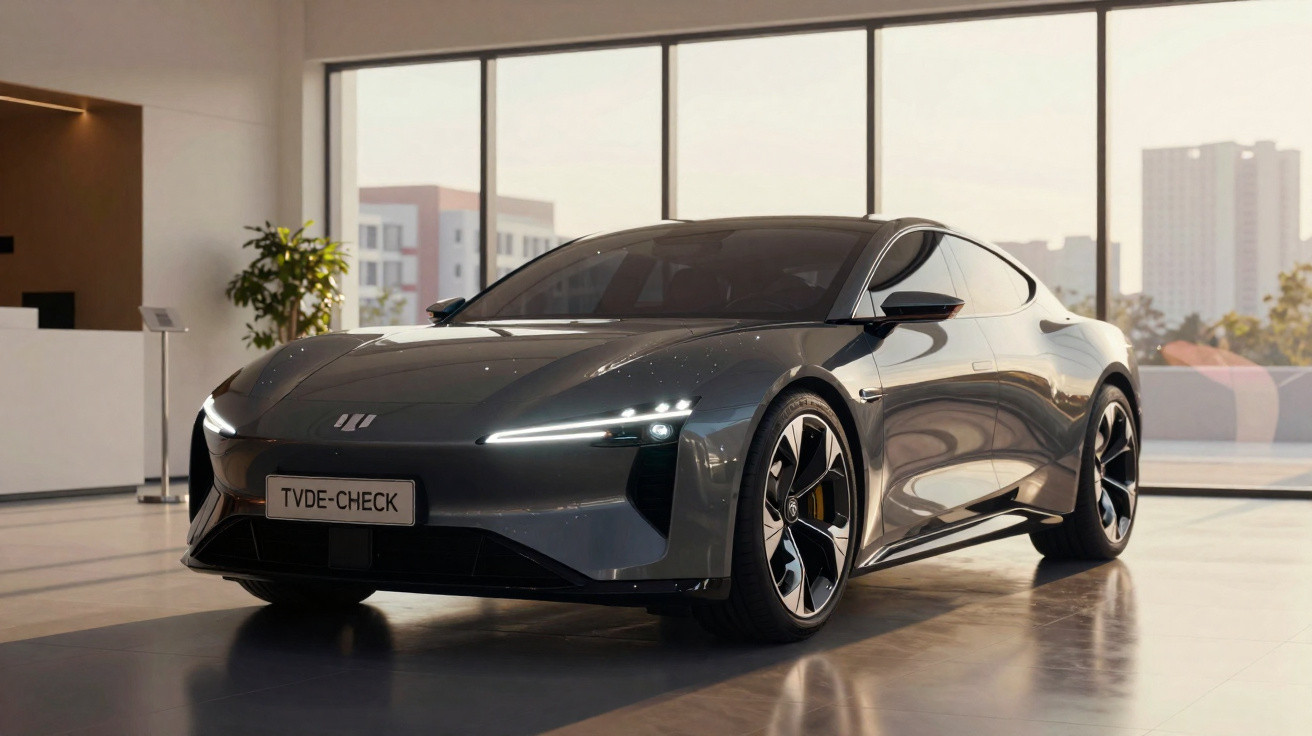 Futuristisches, schwarzes Elektroauto in einem modernen Showroom mit großen Fenstern und Stadtblick.