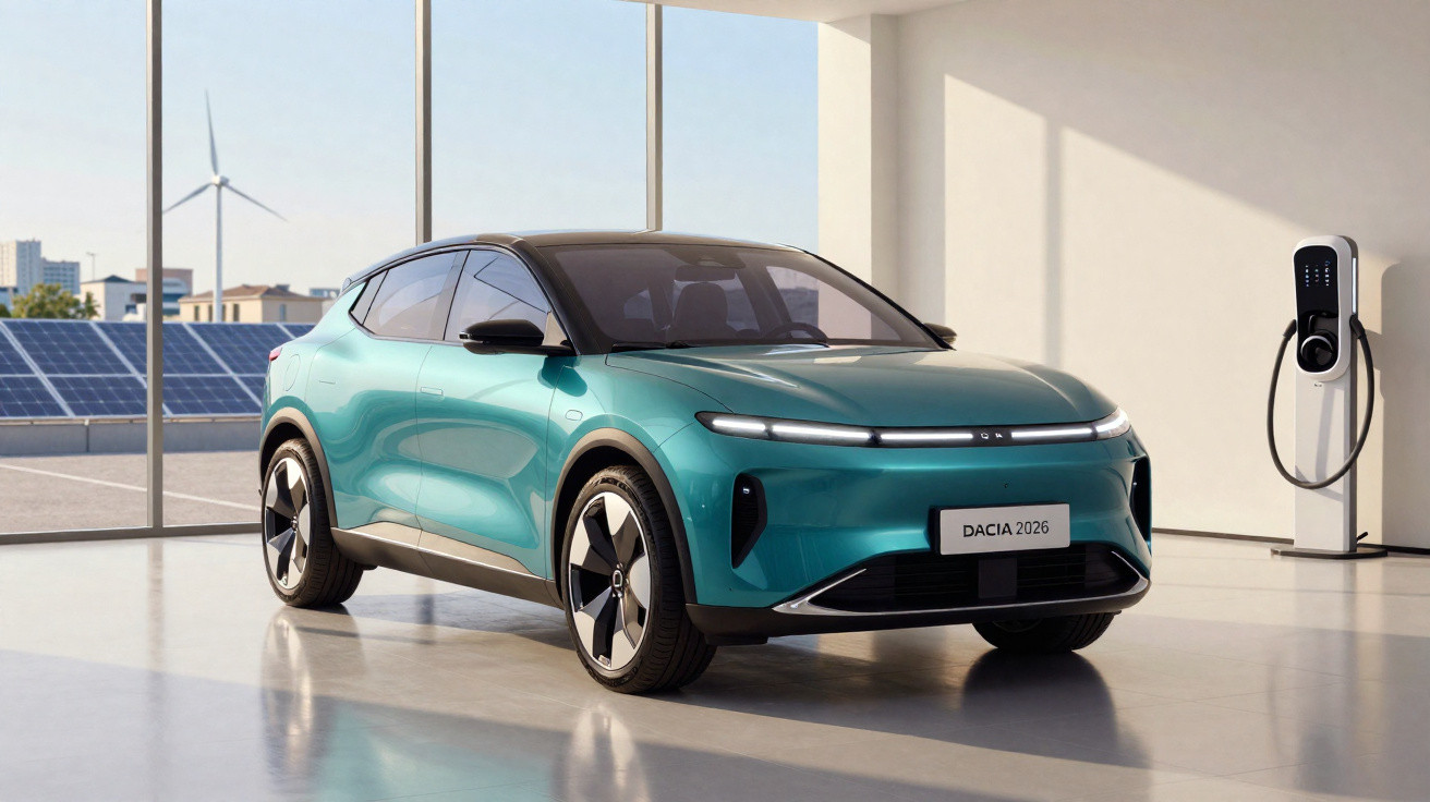 Grünes Elektrofahrzeug Dacia 2026 steht in modernem Raum neben Ladestation, Solarpanels und Windkraftanlage sichtbar.