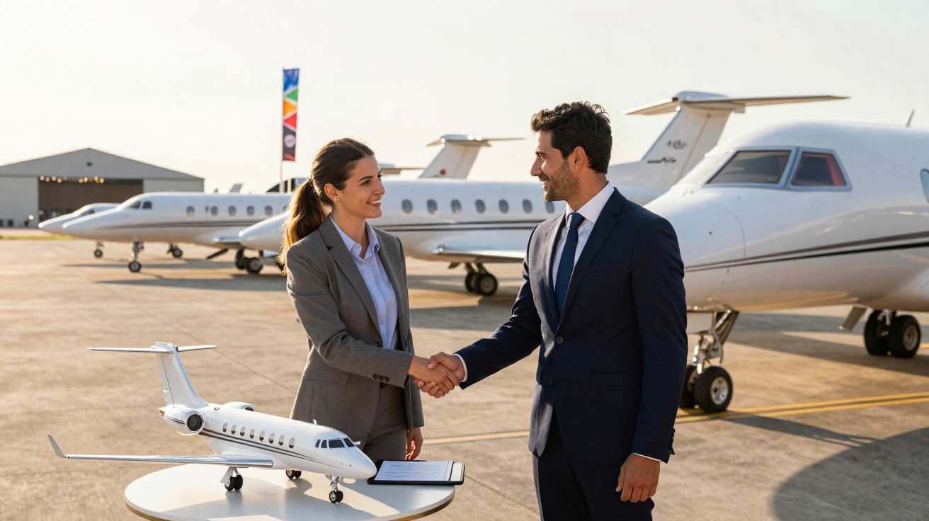 Geschäftsfrau und Geschäftsmann schütteln sich am Flughafen die Hand vor Privatjets und Modellflugzeug auf Tisch.