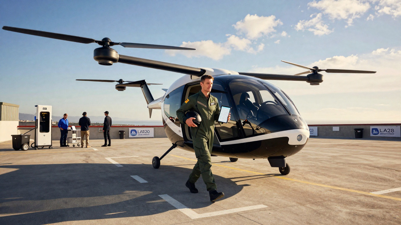 Ein Pilot in Uniform geht mit Helm und Tablet an einem modernen elektrischen Lufttaxi auf einer Startplattform vorbei.