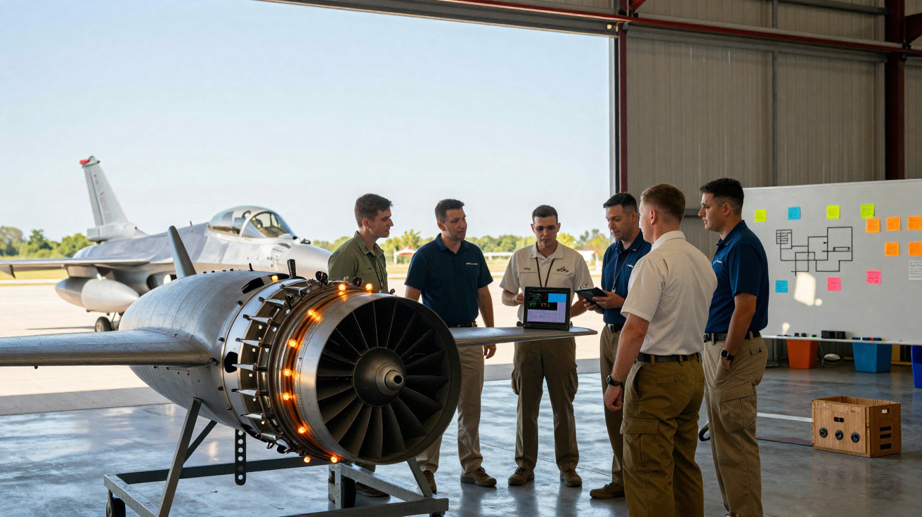 Sechs Männer in Uniform besprechen Technik vor Flugzeug und Triebwerk in Hangar.