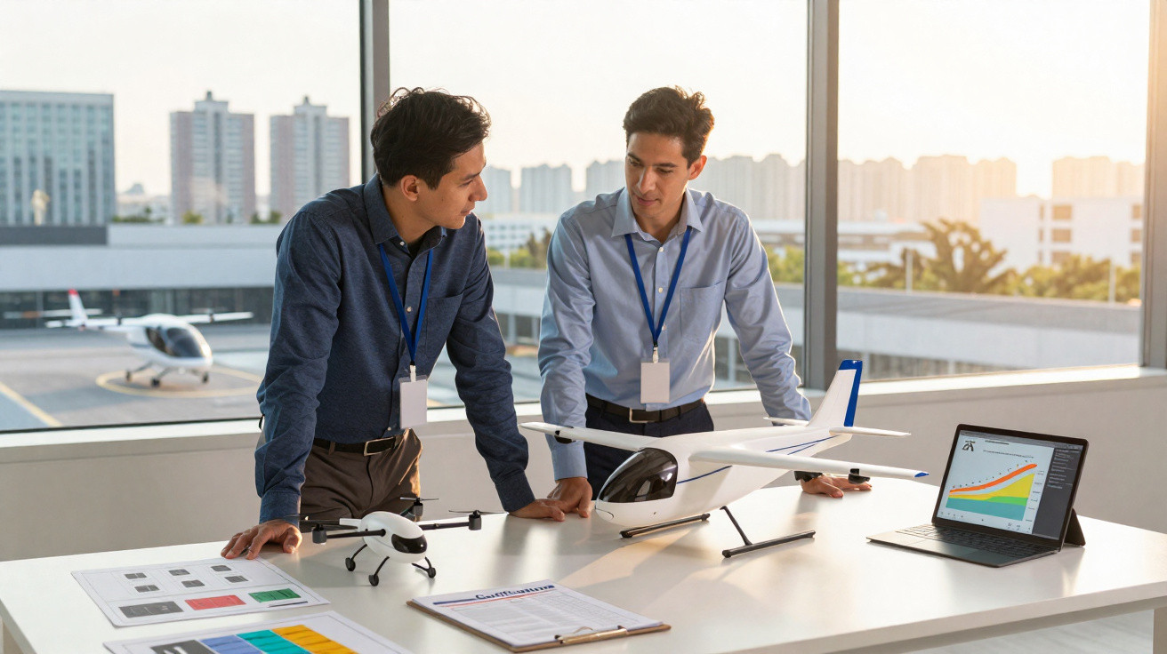 Zwei Männer besprechen Drohnen- und Flugzeugmodelle mit Laptop und Dokumenten im Büro mit Flughafenblick.