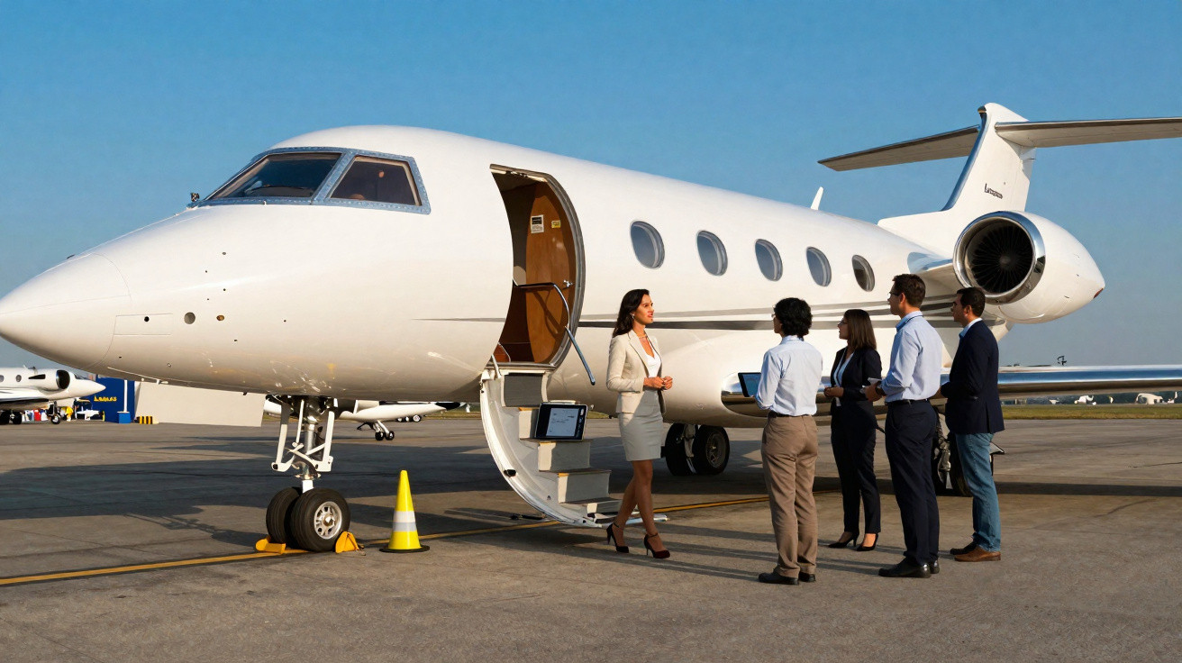 Fünf Personen stehen neben einer weißen Privatjet-Tür auf dem Flughafen bei klarem Himmel.