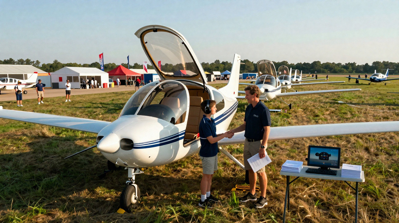 Zwei Personen schütteln Hände vor einem kleinen weißen Flugzeug auf einem Flugplatz mit weiteren Flugzeugen im Hintergrund.