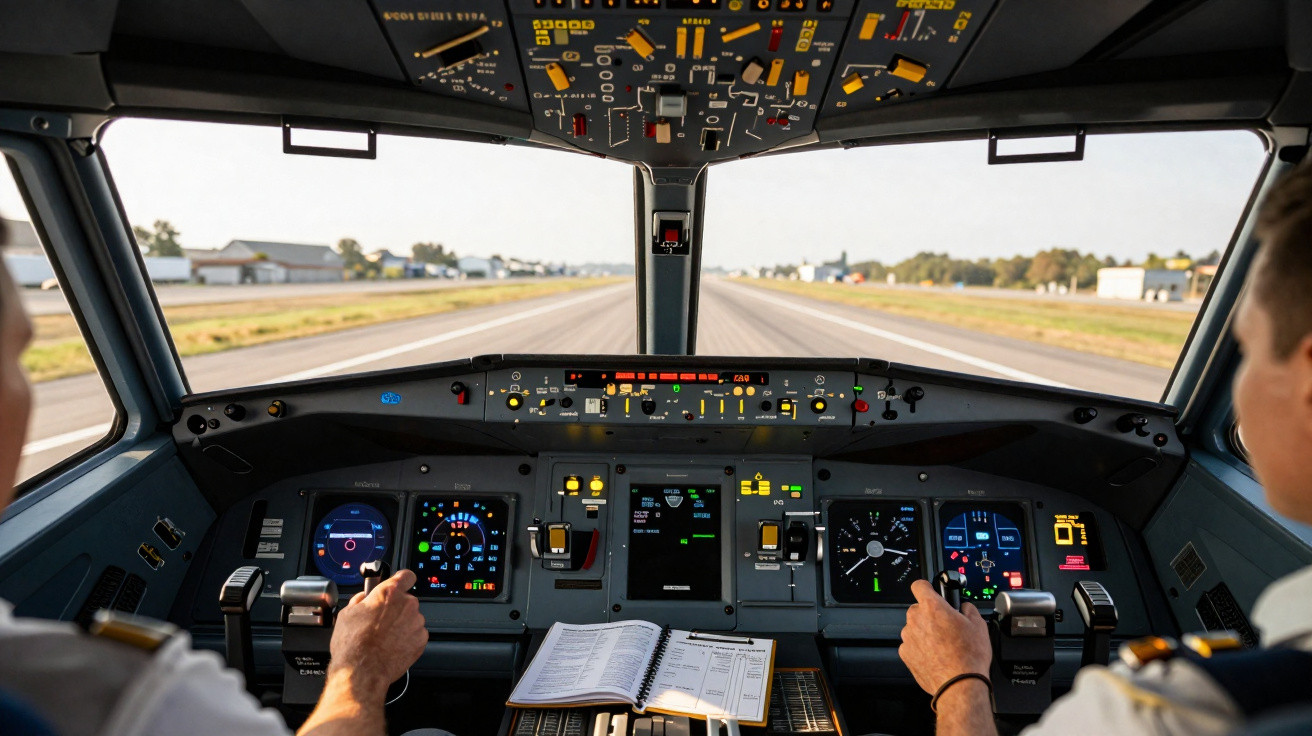 Cockpit eines Flugzeugs mit Piloten beim Start auf der Landebahn bei Tageslicht.
