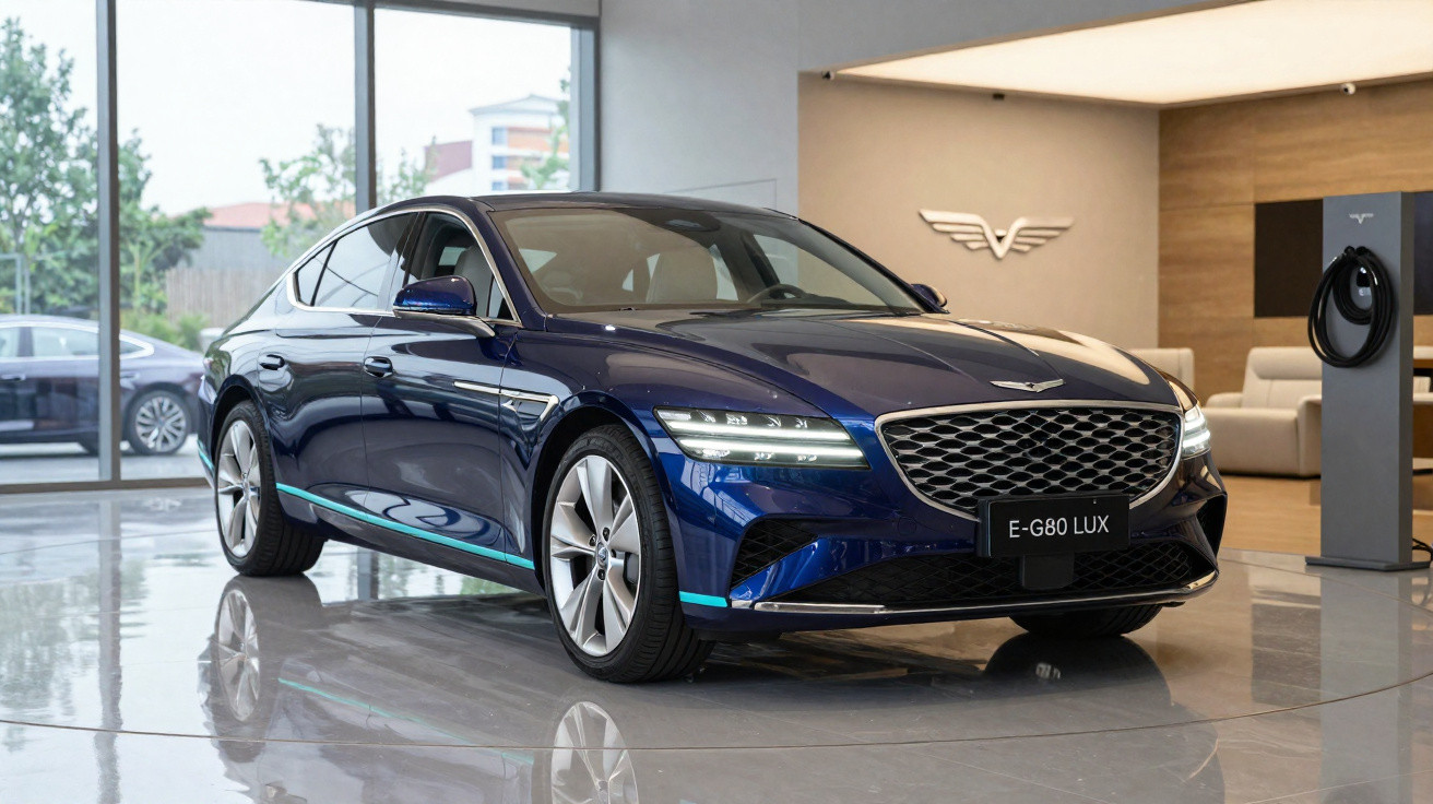Blauer Genesis E-G80 LUX Limousine im modernen Showroom mit großem Fenster und Ladestation.