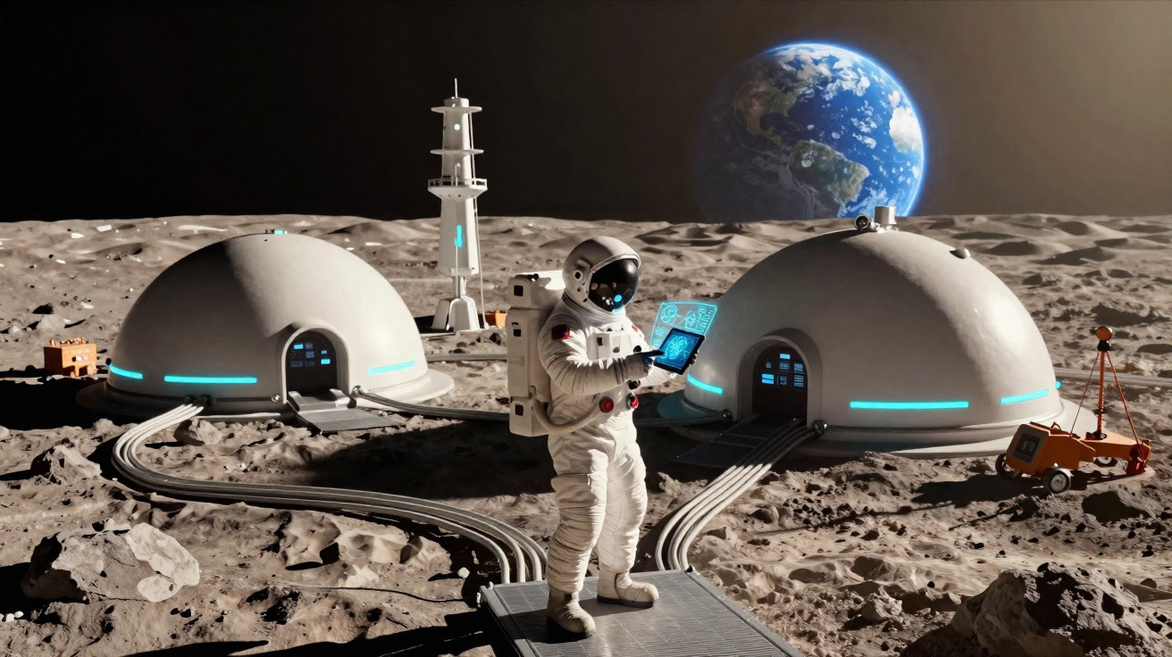 Astronaut mit Hologramm-Tablet auf Mondbasis, Erde im Hintergrund sichtbar.