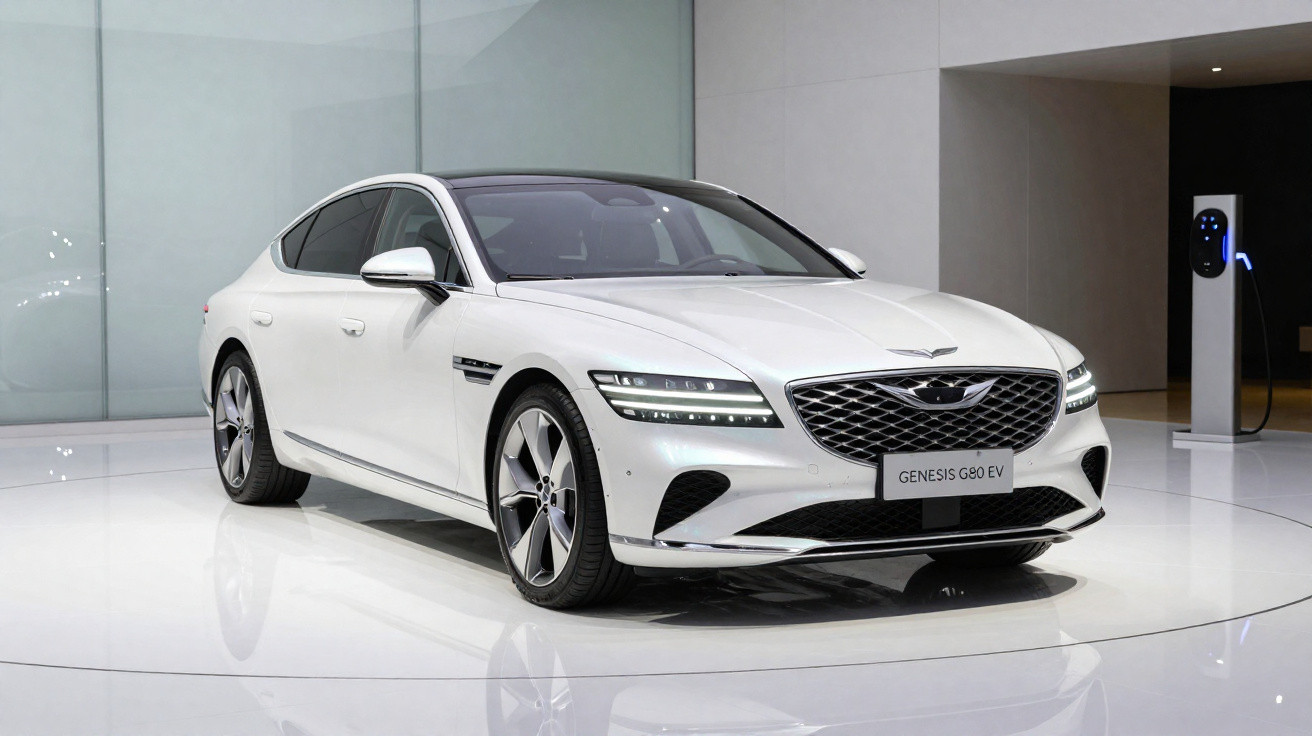 Weißer Genesis G80 EV Elektro-Limousine auf weißem Podest mit Ladestation im Hintergrund.