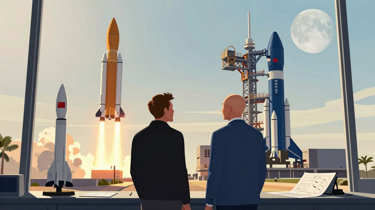 Zwei Männer beobachten Raketenstart und Raketen auf einer Startrampe bei Mond im Hintergrund.