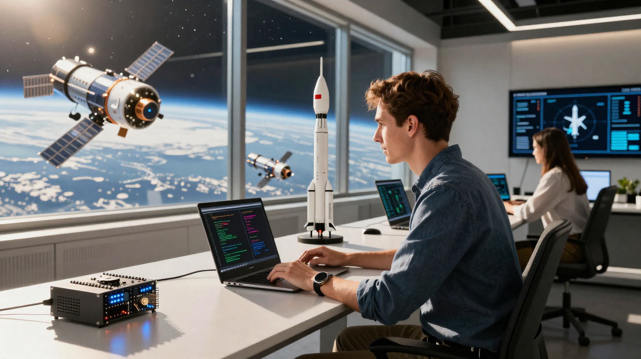 Mann arbeitet am Laptop in Raumschiff-Kontrollzentrum mit Raketenmodell und Satelliten im Weltall sichtbar.