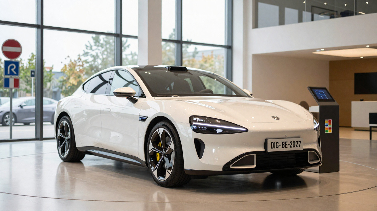Weißes elektrisches Sportcoupé in einer modernen Ausstellungshalle mit großen Fenstern und Informationsdisplay.