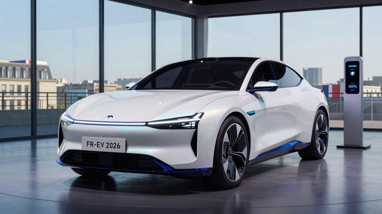 Weißes Elektroauto im Showroom vor Panoramafenstern und Ladestation, Modell FR-EV 2026.