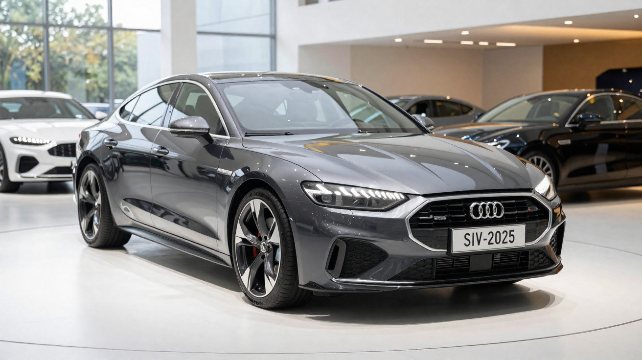 Eleganter grauer Audi Sportback im modernen Showroom, Blick auf Front und linke Seite.