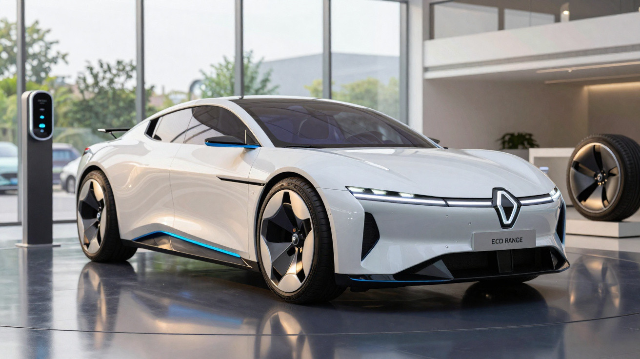 Weißes Elektroauto Renault Eco Range im modernen Showroom mit Ladestation und Ersatzreifen im Hintergrund.