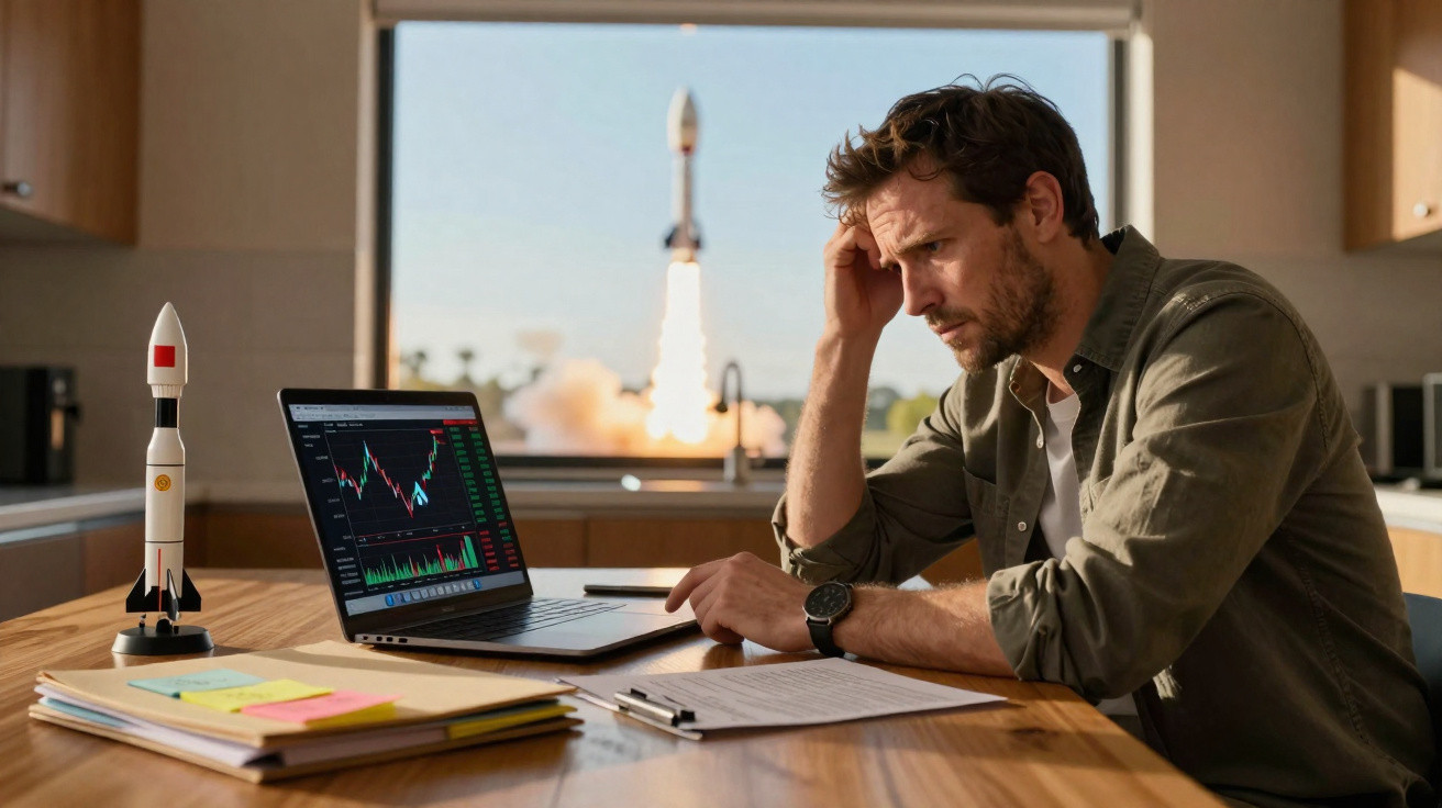 Mann sitzt nachdenklich am Tisch mit Laptop, der Börsendiagramme zeigt, im Hintergrund startet eine Rakete.