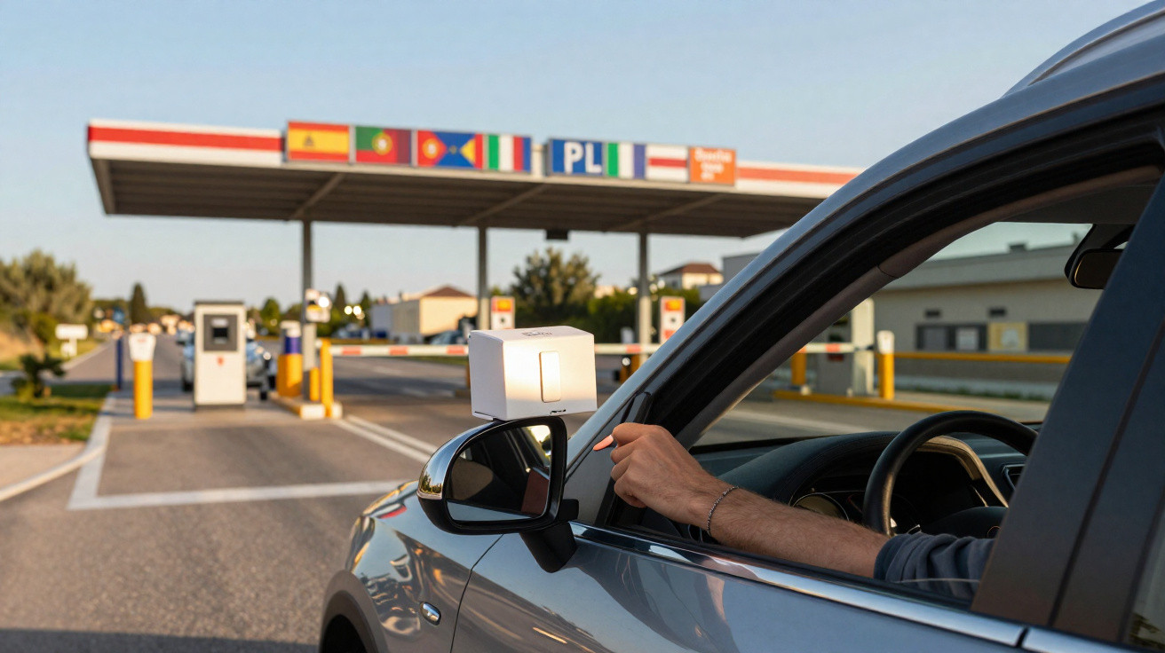 Fahrzeug hält an Schranke einer Mautstelle mit internationalen Flaggen im Hintergrund bei klarem Himmel.