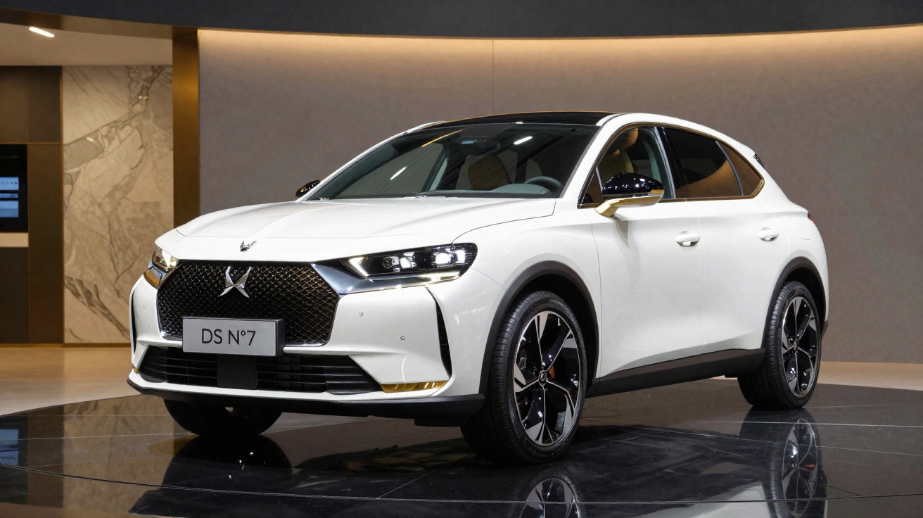 Weißer DS 7 SUV mit schwarzem Dach und modernen Scheinwerfern in Ausstellungsraum.