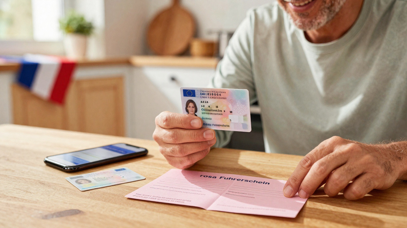 Mann hält deutschen Führerschein in der Hand, weitere Dokumente und Smartphone liegen auf dem Holztisch.