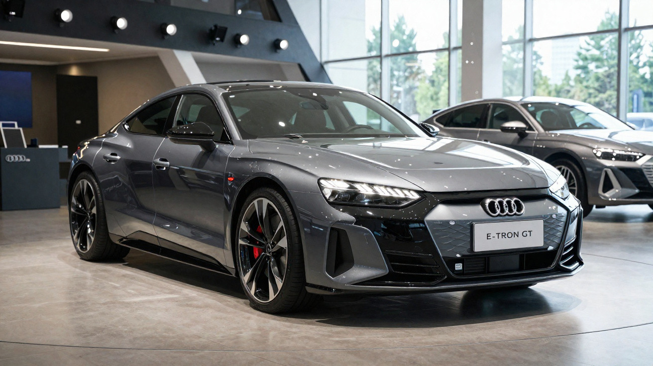 Grauer Audi E-Tron GT Sportwagen im Showroom, moderner Elektro-Sportwagen mit LED-Scheinwerfern und breitem Kühlergrill.