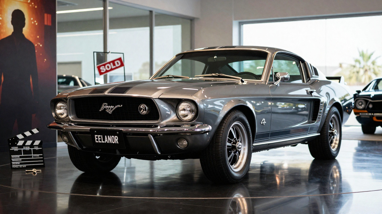 Grau-metallic Ford Mustang Fastback "Eleanor" im Ausstellungsraum mit "Sold"-Schild im Hintergrund.