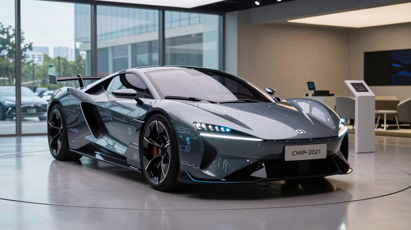 Grauer futuristischer Sportwagen mit LED-Scheinwerfern in modernem Showroom auf runder Plattform.
