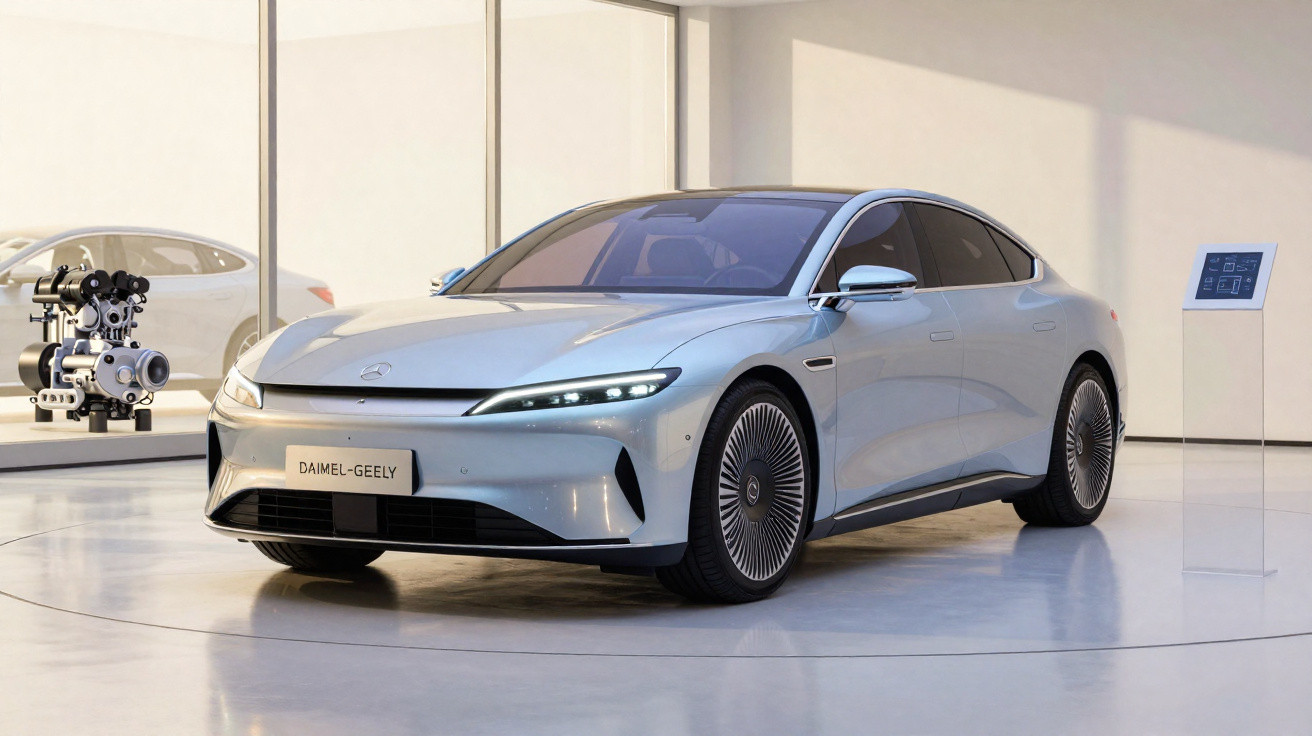Silberfarbener Elektro-Limousinenwagen Daimel-Geely in modernem Ausstellungsraum mit Motor und Infotafel.