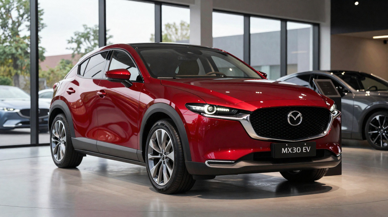 Roter Mazda MX-30 EV Elektro-SUV steht in einem modernen Autohaus mit großen Fenstern.