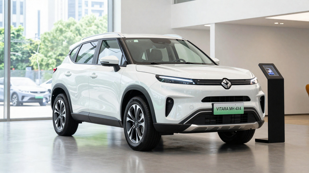 Weißer Suzuki Vitara MH 4x4 SUV im Showroom mit großen Fenstern und Infoständer neben dem Auto.