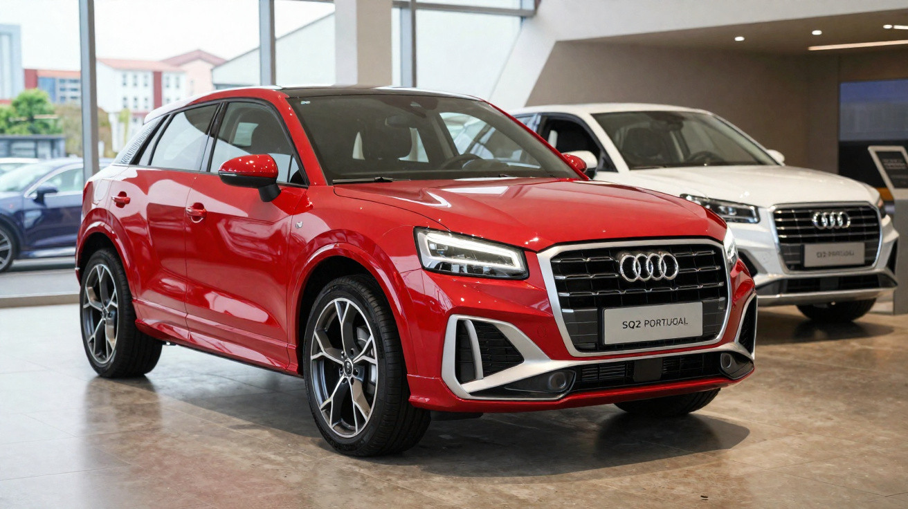Roter Audi SQ2 Portugal in einem hellen Autohaus mit einem weißen Audi SQ2 im Hintergrund.