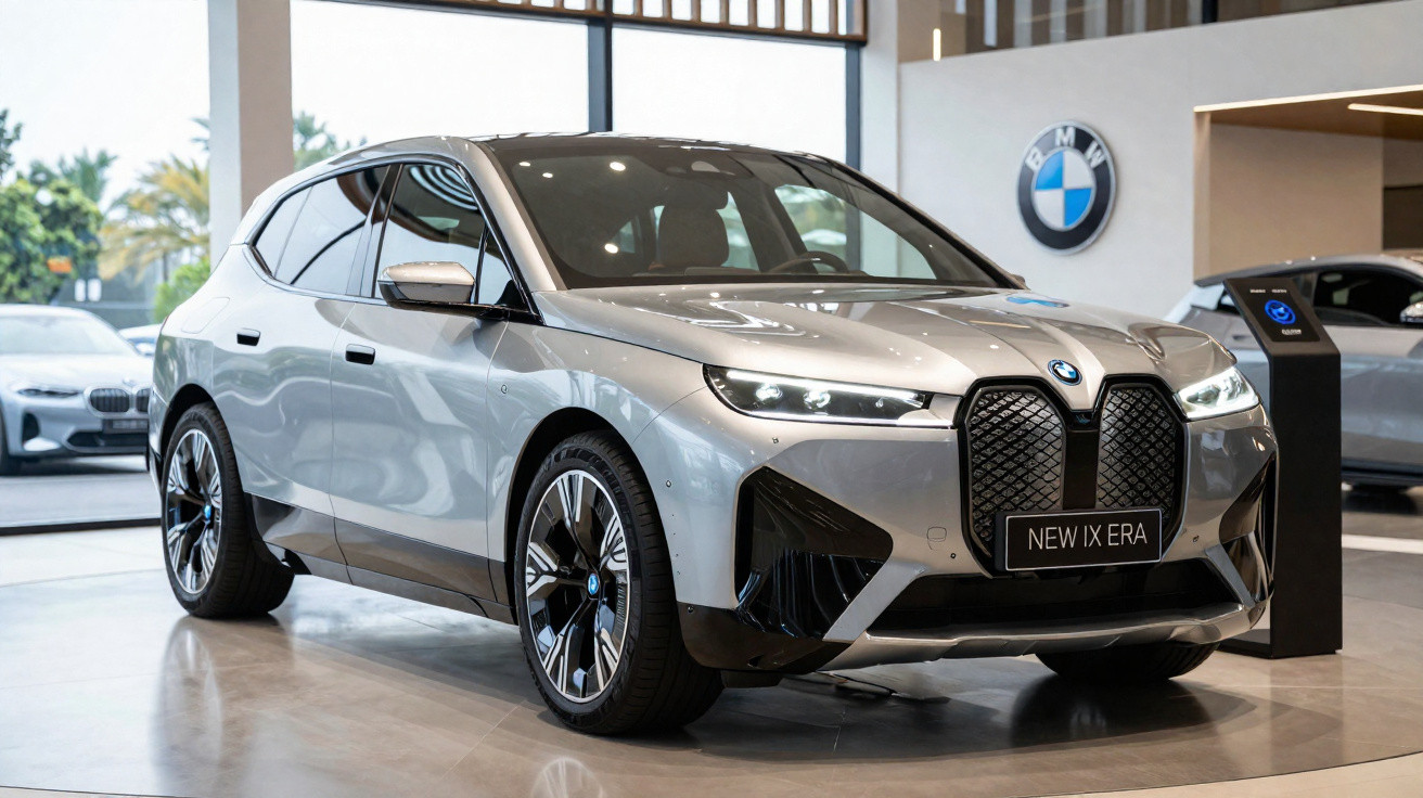 Silberner BMW iX SUV im Showroom mit beleuchtetem markentypischem Niere-Grill und LED-Scheinwerfern.