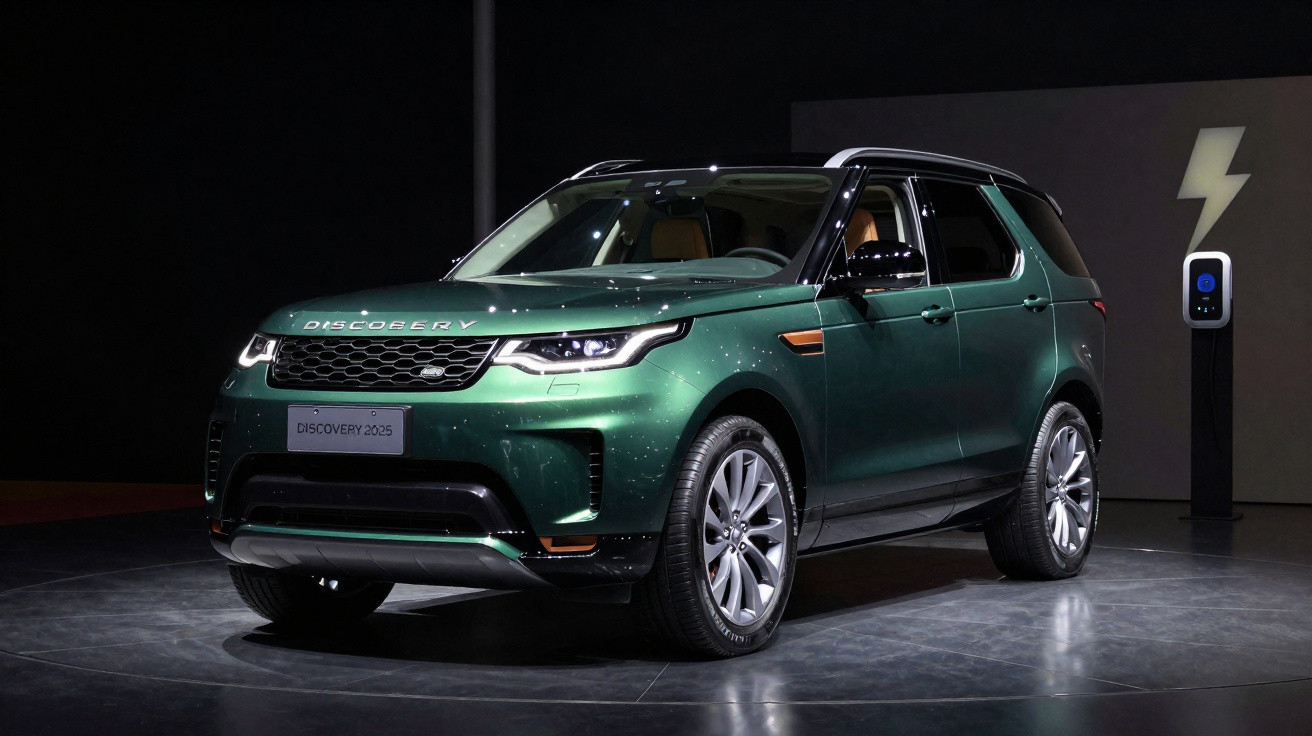 Grüner Land Rover Discovery 2025 auf Ausstellung mit Ladestation für Elektrofahrzeuge im Hintergrund.