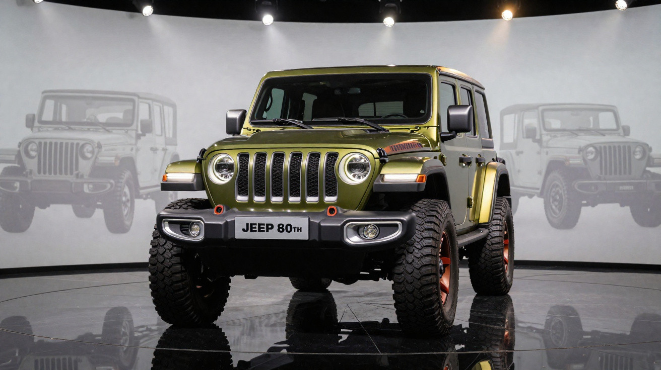 Olivegrüner Jeep 80Th Edition SUV im Showroom mit Jeep-Silhouetten an der Wand im Hintergrund.