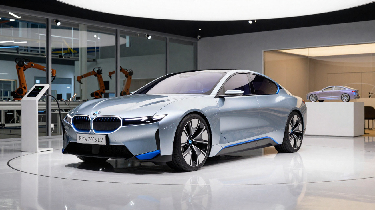 Silberner BMW 2025 EV Elektroauto im Showroom mit moderner Architektur und Industrierobotern im Hintergrund.