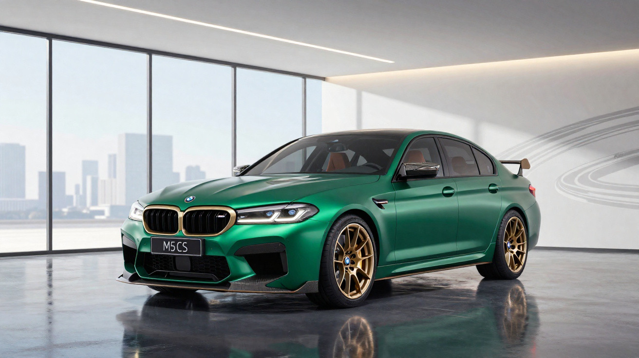 Grüner BMW M5 CS mit goldenen Felgen in modernem, hellem Showroom vor Fensterfront und Stadtblick.