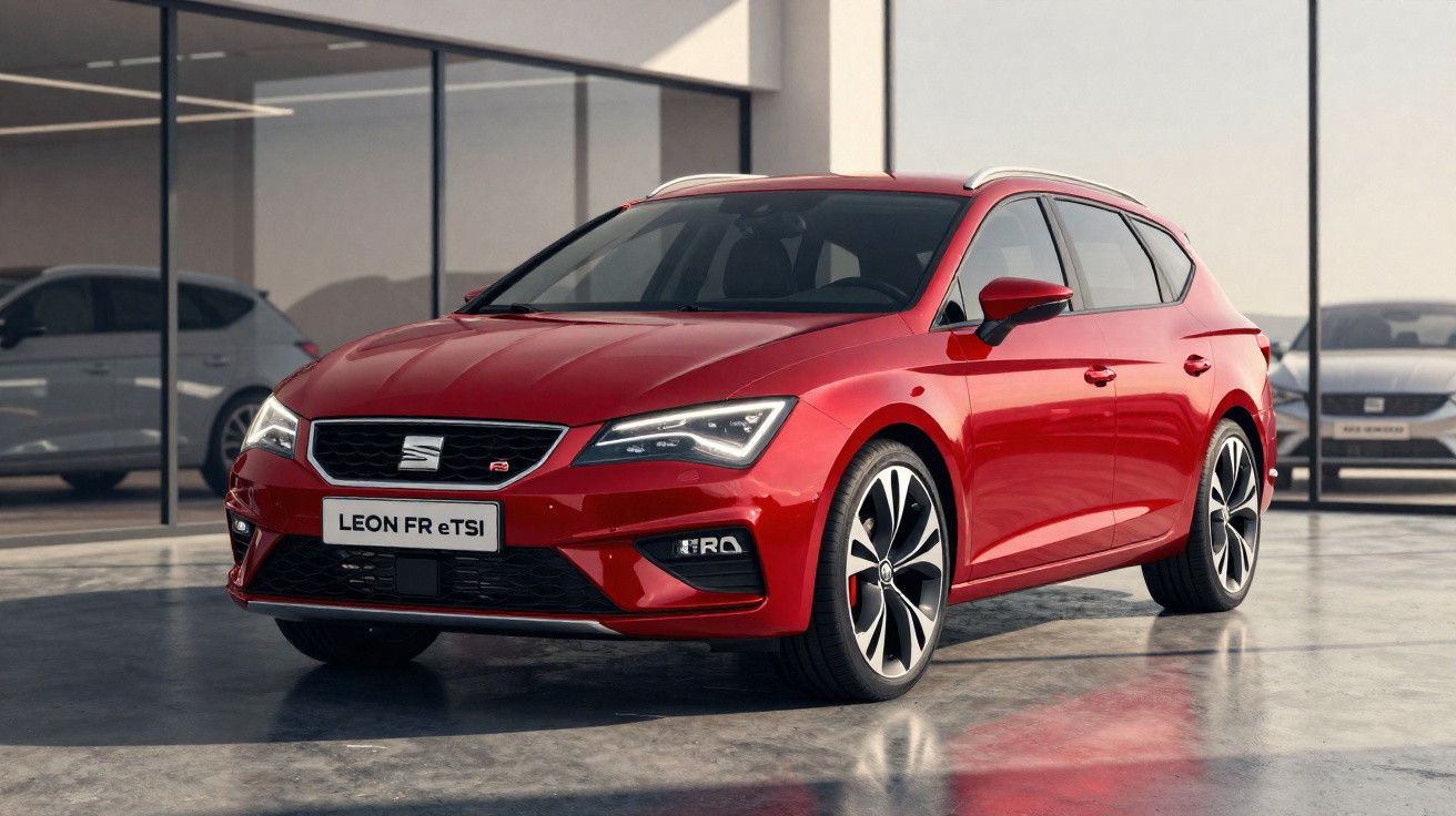 Roter Seat Leon FR eTSI Kombi steht in einem modernen Autogeschäft mit Glasfassade.