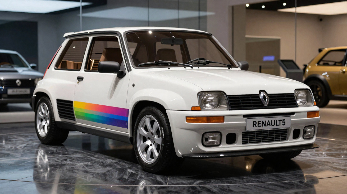 Weißer Renault 5 mit Regenbogenstreifen an der Seite in einem Museum auf glänzendem Marmorboden