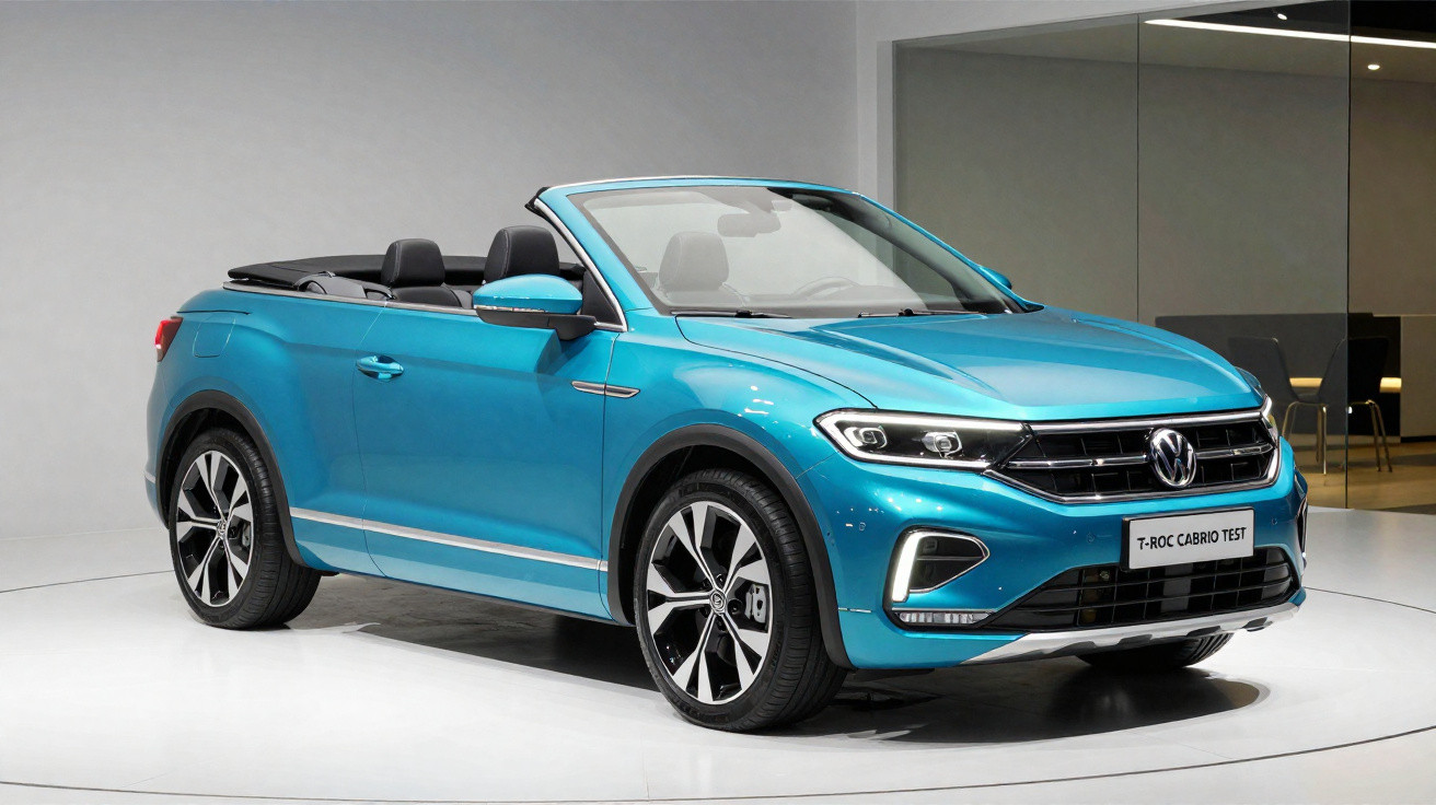 Blaues Volkswagen T-Roc Cabrio in moderner Ausstellungshalle vor hellgrauer Wand.