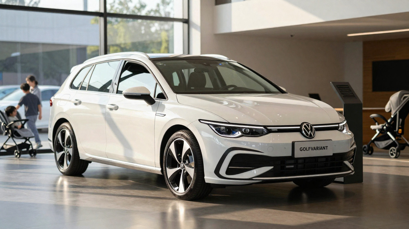 Weißer Volkswagen Golf Variant Kombi in hellem Showroom mit großen Fenstern und Personen im Hintergrund.