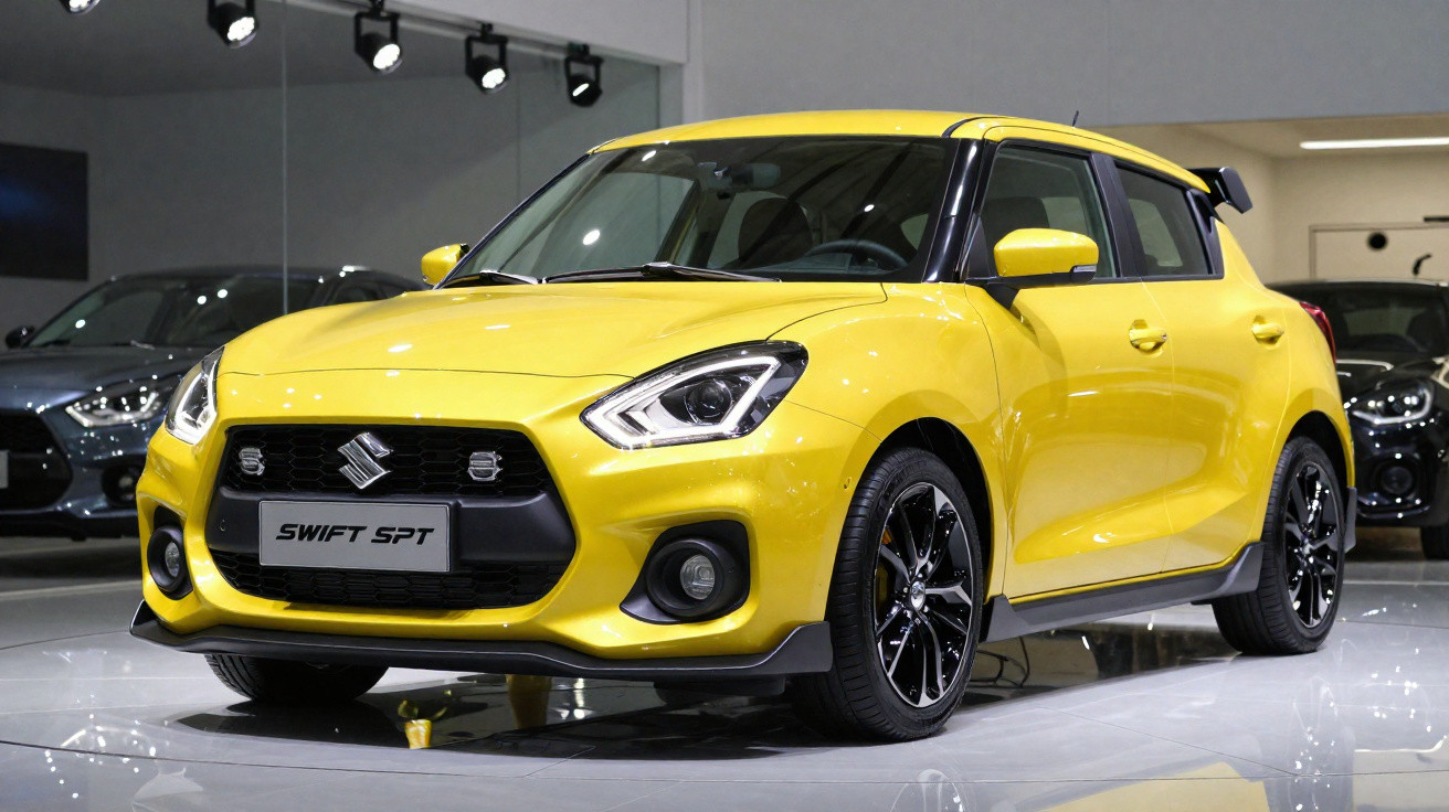 Gelber Suzuki Swift SPT Kleinwagen in einem modernen Autohaus mit glänzendem Boden.