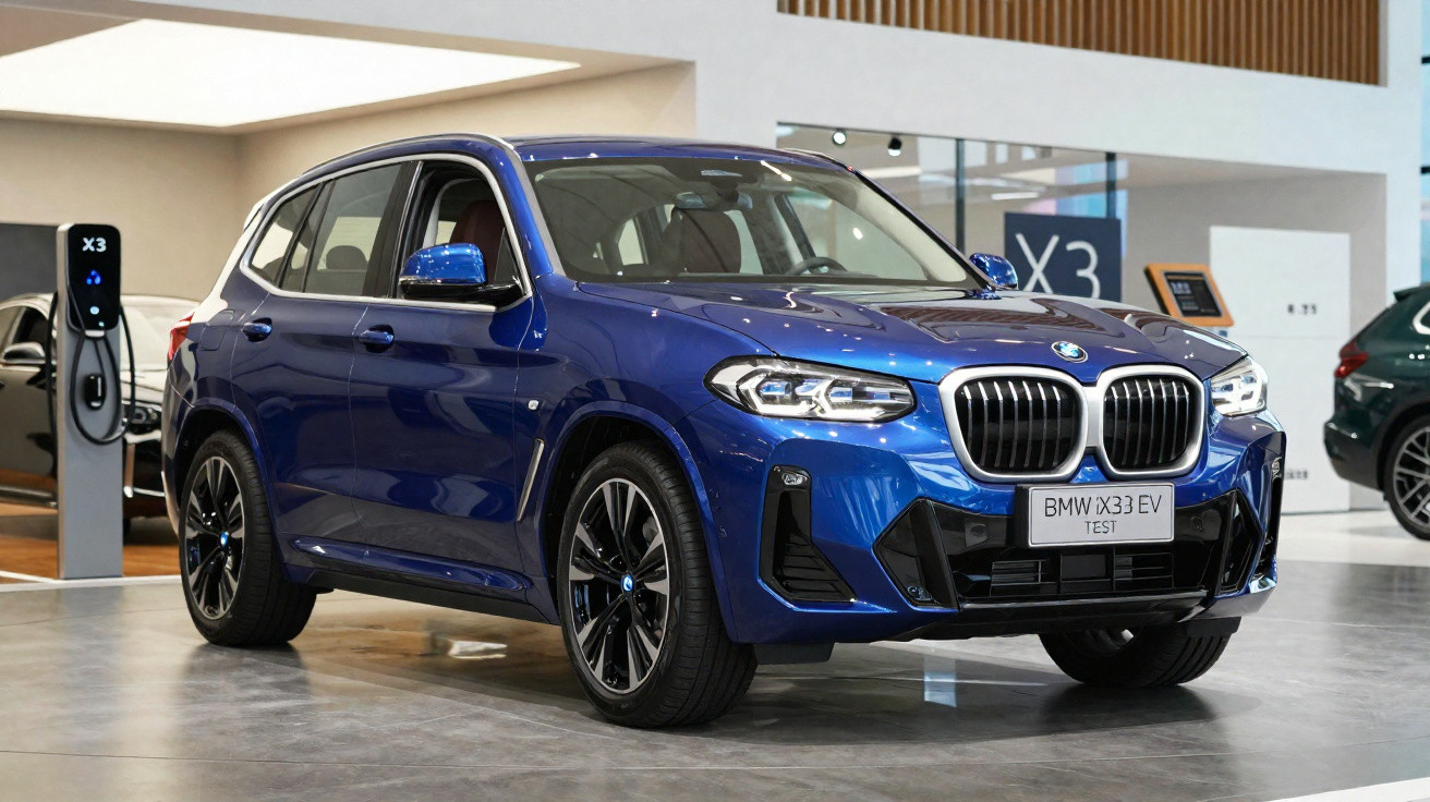 Blauer BMW X3 xDrive30e Elektro-SUV steht in modernem Autohaus neben Ladestation.